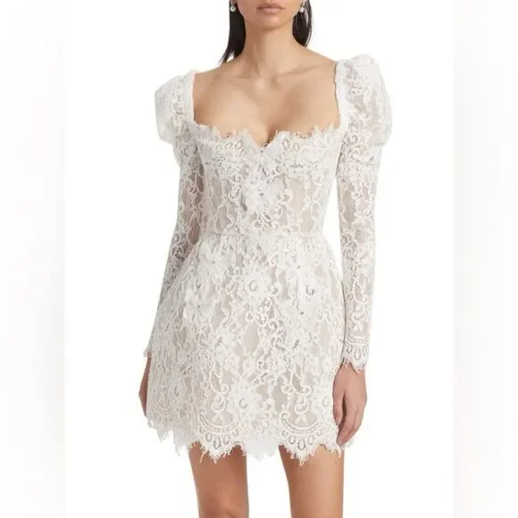 NWOT BRONX AND BANCO Colette White Lace Long Sleeve Mini Wedding Bridal Dress - Picture 4 of 16